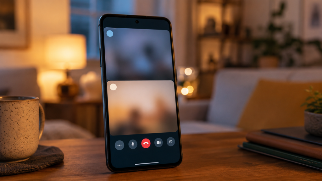Smartphone showing split-screen video chat interface for cam2cam sessions