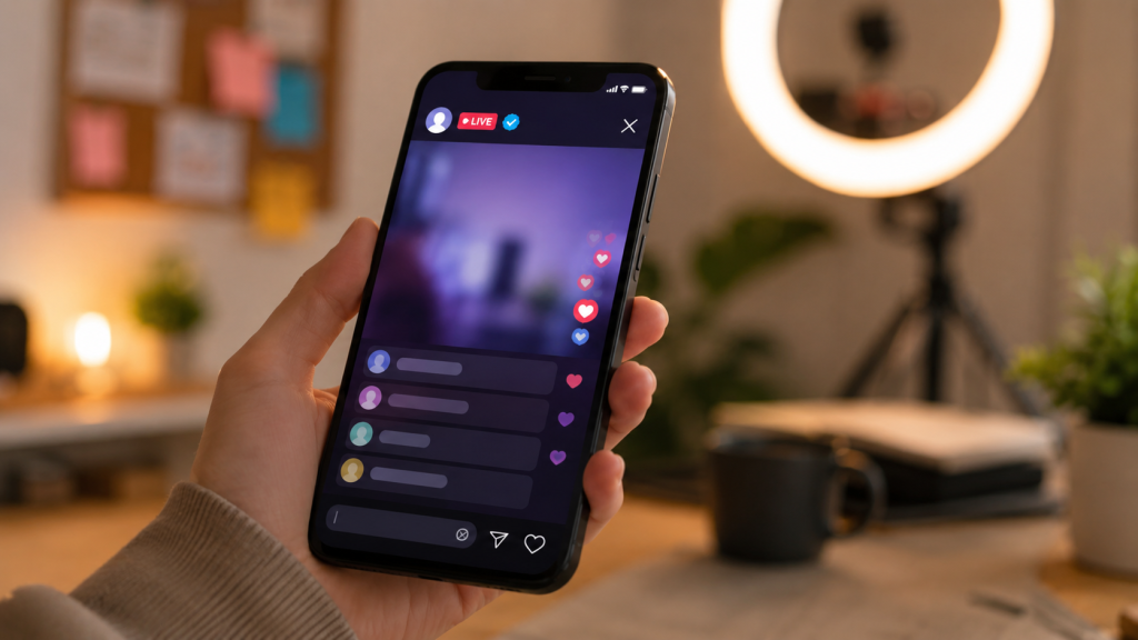 Smartphone showing live-streaming app interface with verification badge